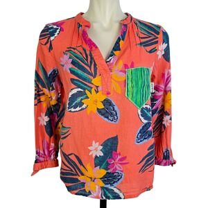 GBR Women's Linen Blend Blouse Floral Orange Split Neck Wrist Ties Pocket Size S